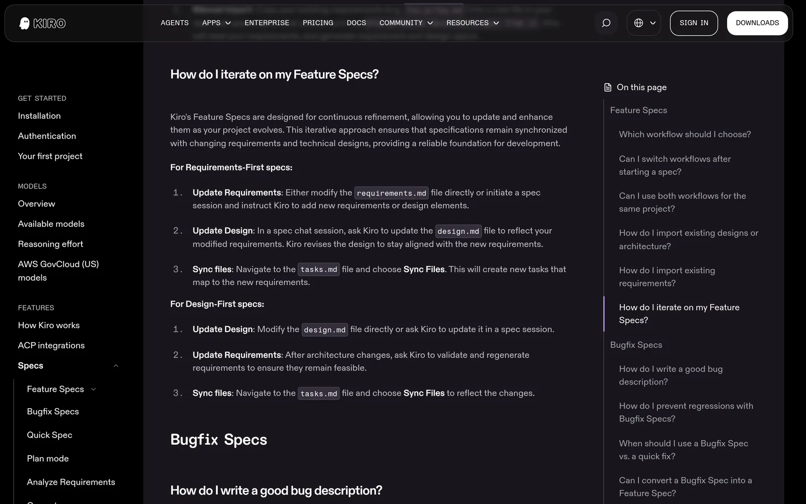 Kiro docs answer How do I iterate on my Feature Specs, with Update Requirements, Update Design and Sync Files steps