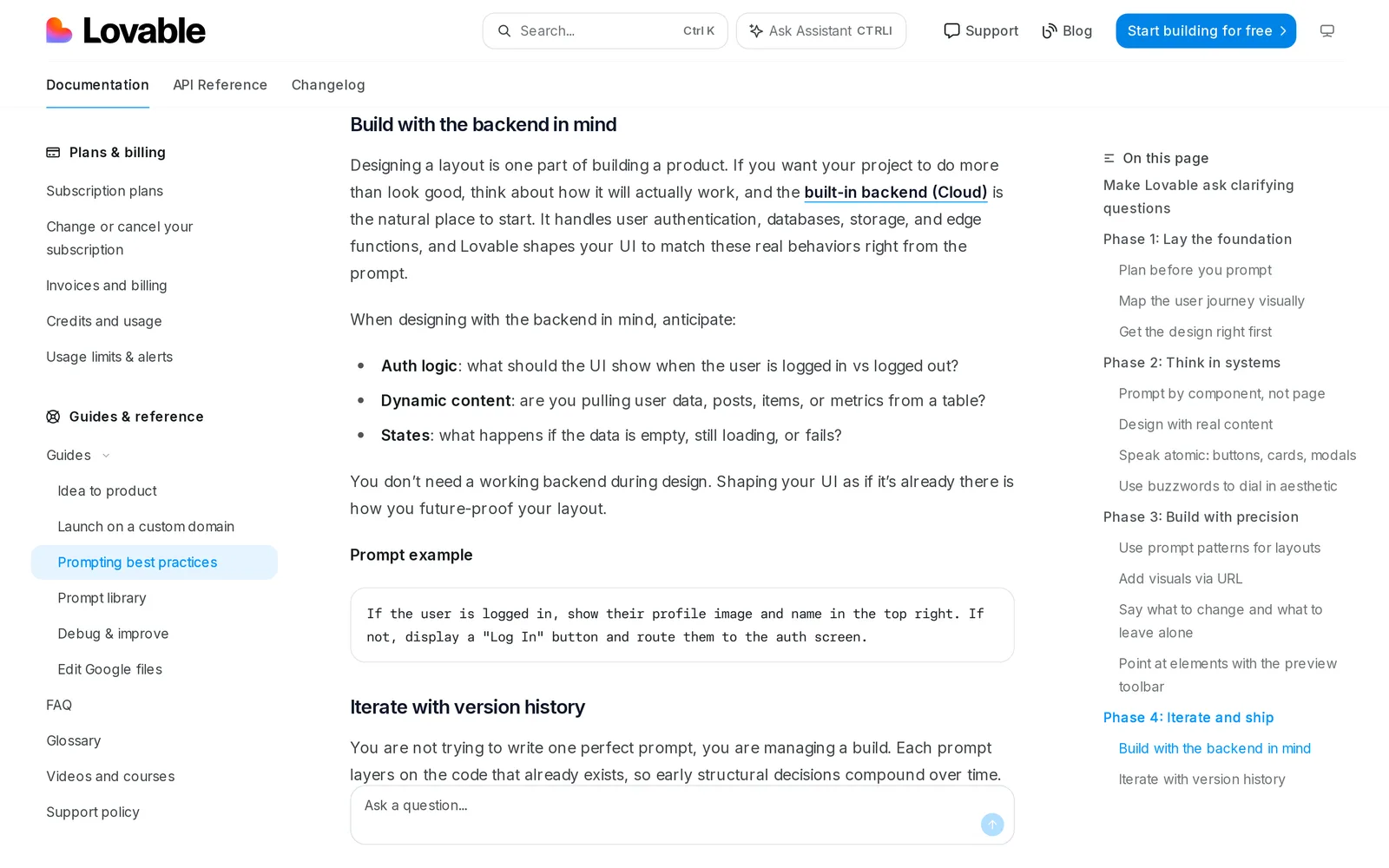 Lovable documentation page 'Build with the backend in mind' listing auth logic, dynamic content and states: what happens if the data is empty, still loading, or fails