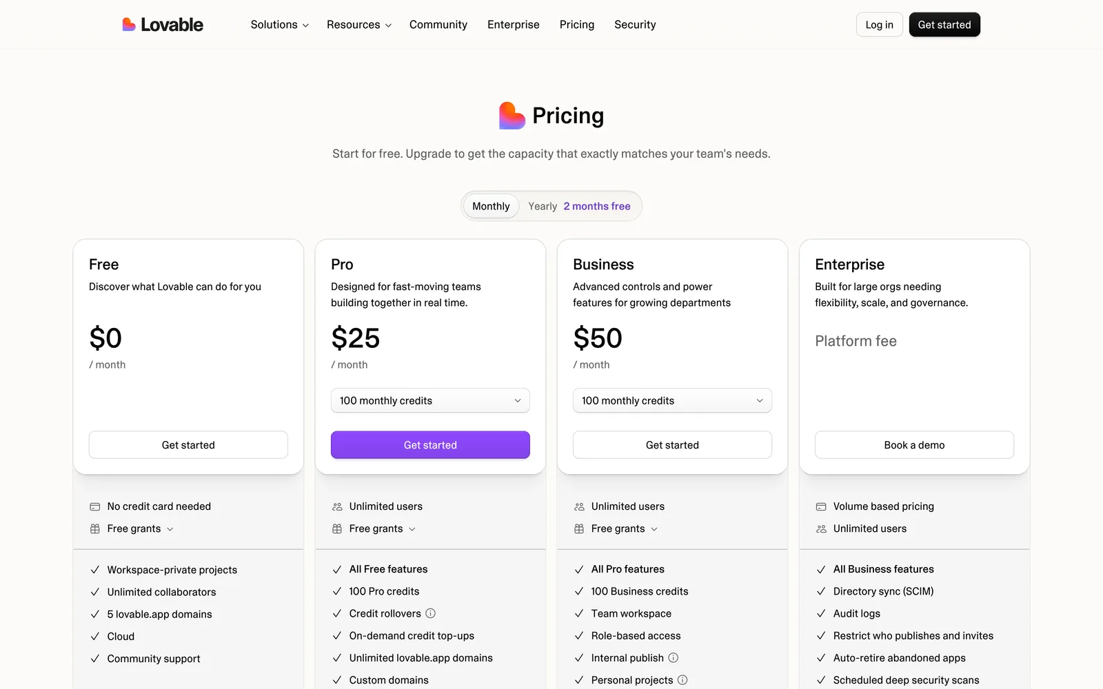 Lovable pricing page with Monthly selected: Free 0 dollars, Pro 25 dollars a month with 100 monthly credits, Business 50 dollars a month with 100 monthly credits, Enterprise platform fee