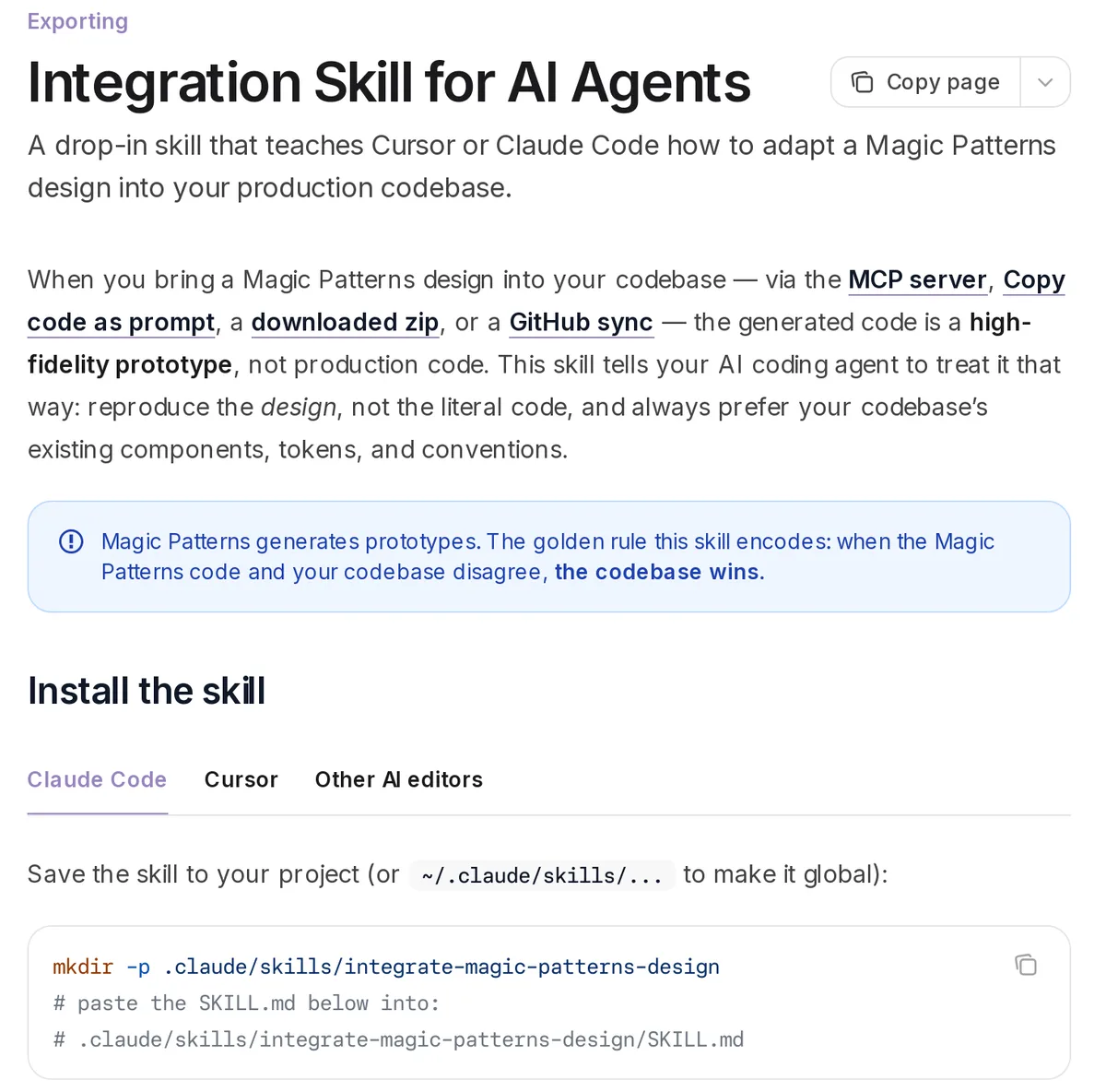 Magic Patterns docs page Integration Skill for AI Agents