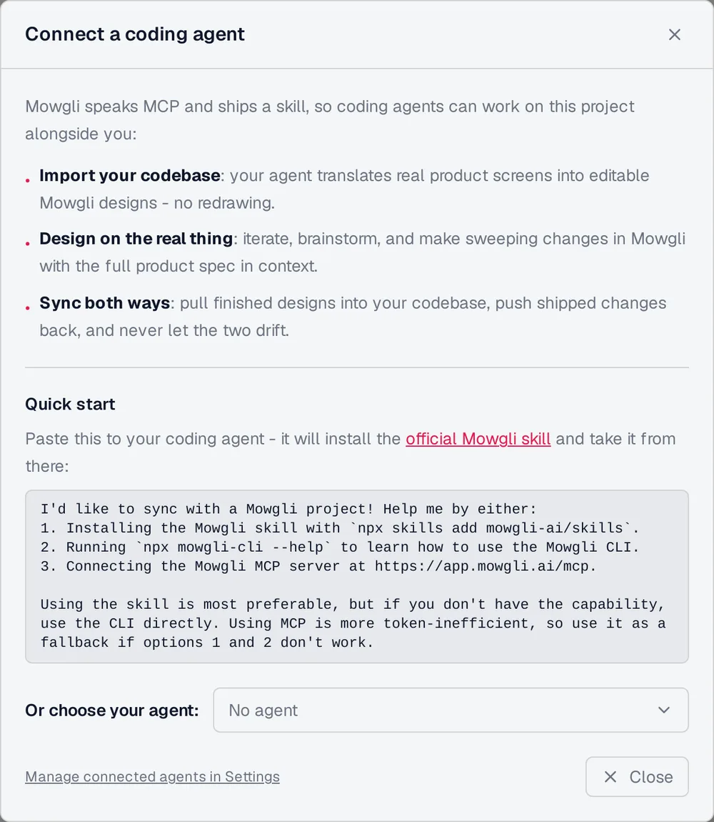 Mowgli Connect a coding agent dialog with skill, CLI and MCP server options