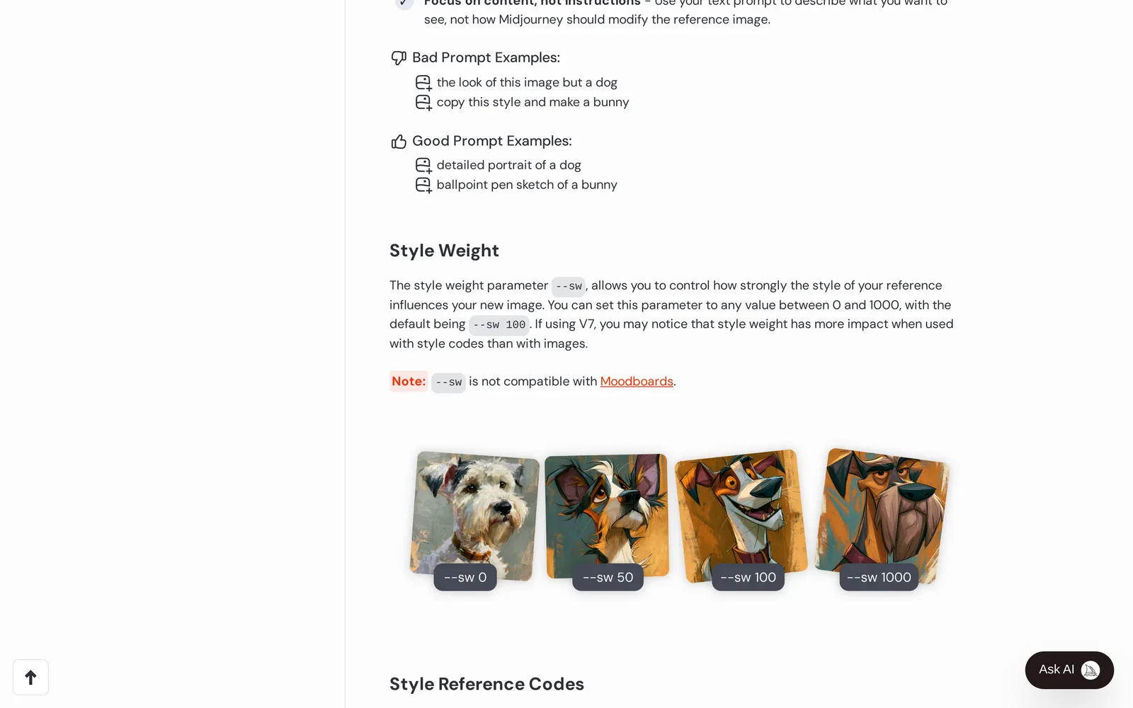 Midjourney documentation page on Style Reference showing the style weight parameter and four dog portraits generated at --sw 0, 50, 100 and 1000