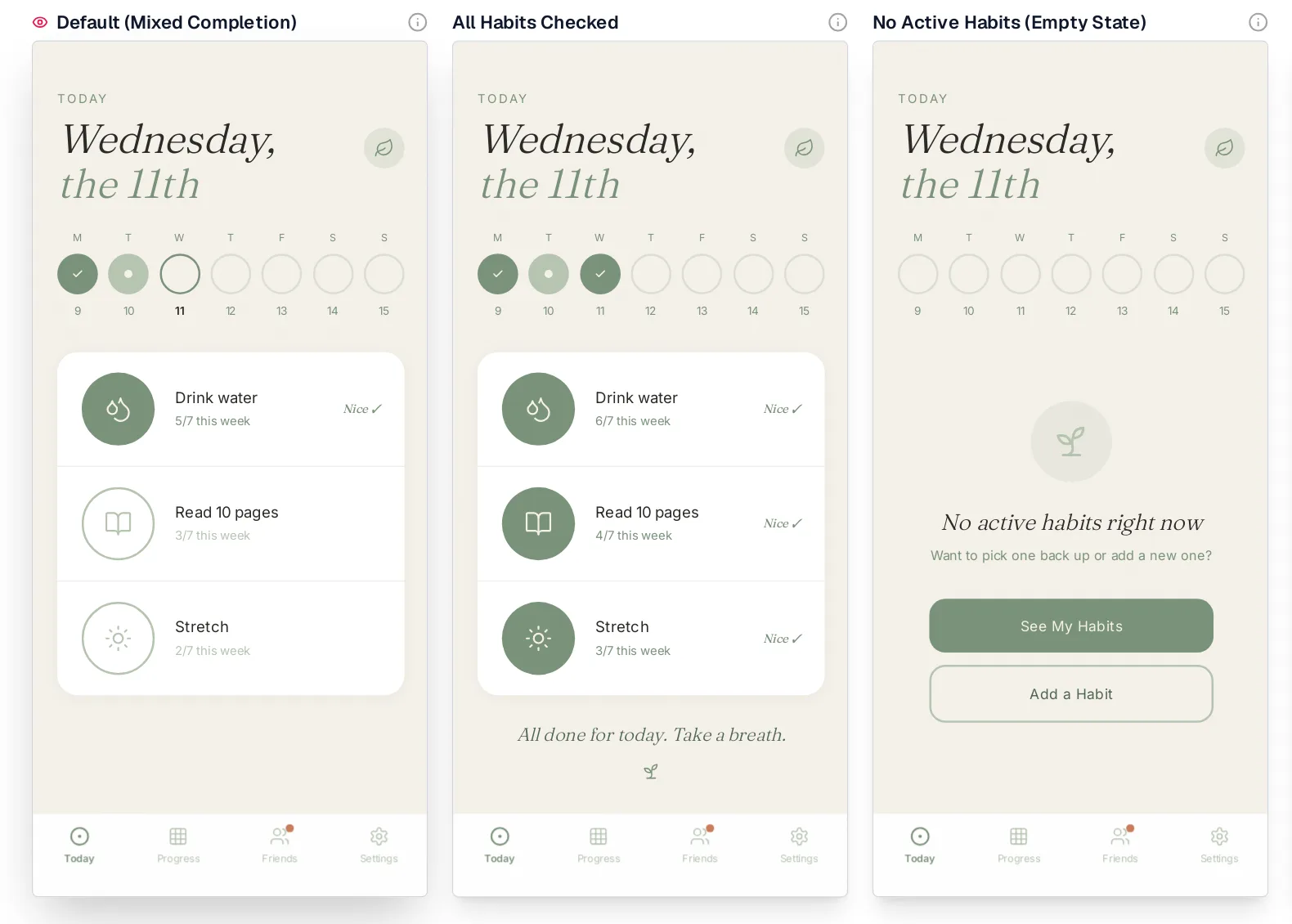 Mowgli canvas showing a habit tracker Today screen in three states: default, all habits checked, and empty with See My Habits and Add a Habit buttons