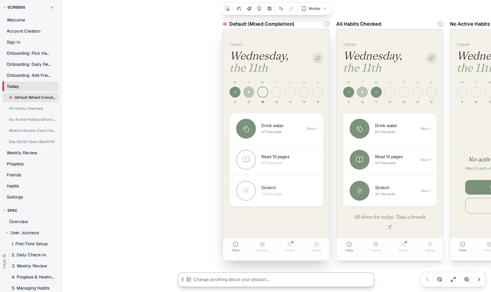 Mowgli editor for a habit tracker app: the sidebar lists every generated screen (Welcome, Account Creation, Sign In, three onboarding screens, Today with five states, Weekly Review, Progress, Friends, Habits, Settings) and the spec's user journeys, with the Today screen's default and all-habits-checked states on the canvas