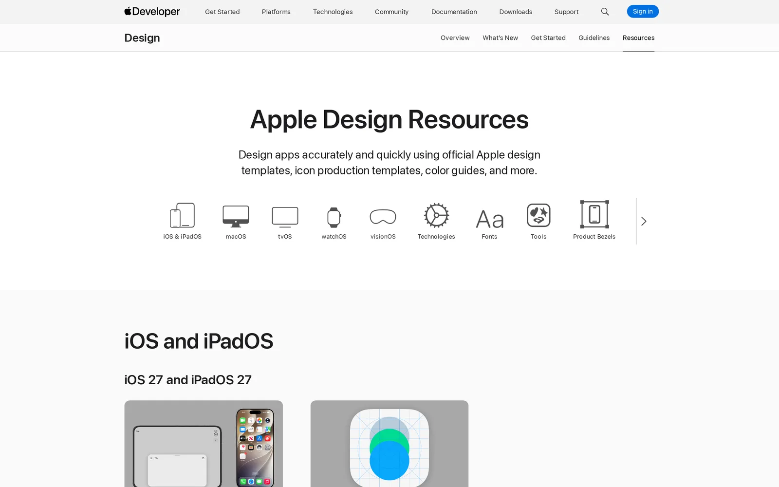 Apple Design Resources page with category icons for iOS and iPadOS, macOS, tvOS, watchOS, visionOS, Fonts, Tools and Product Bezels, and an iOS 27 and iPadOS 27 section below