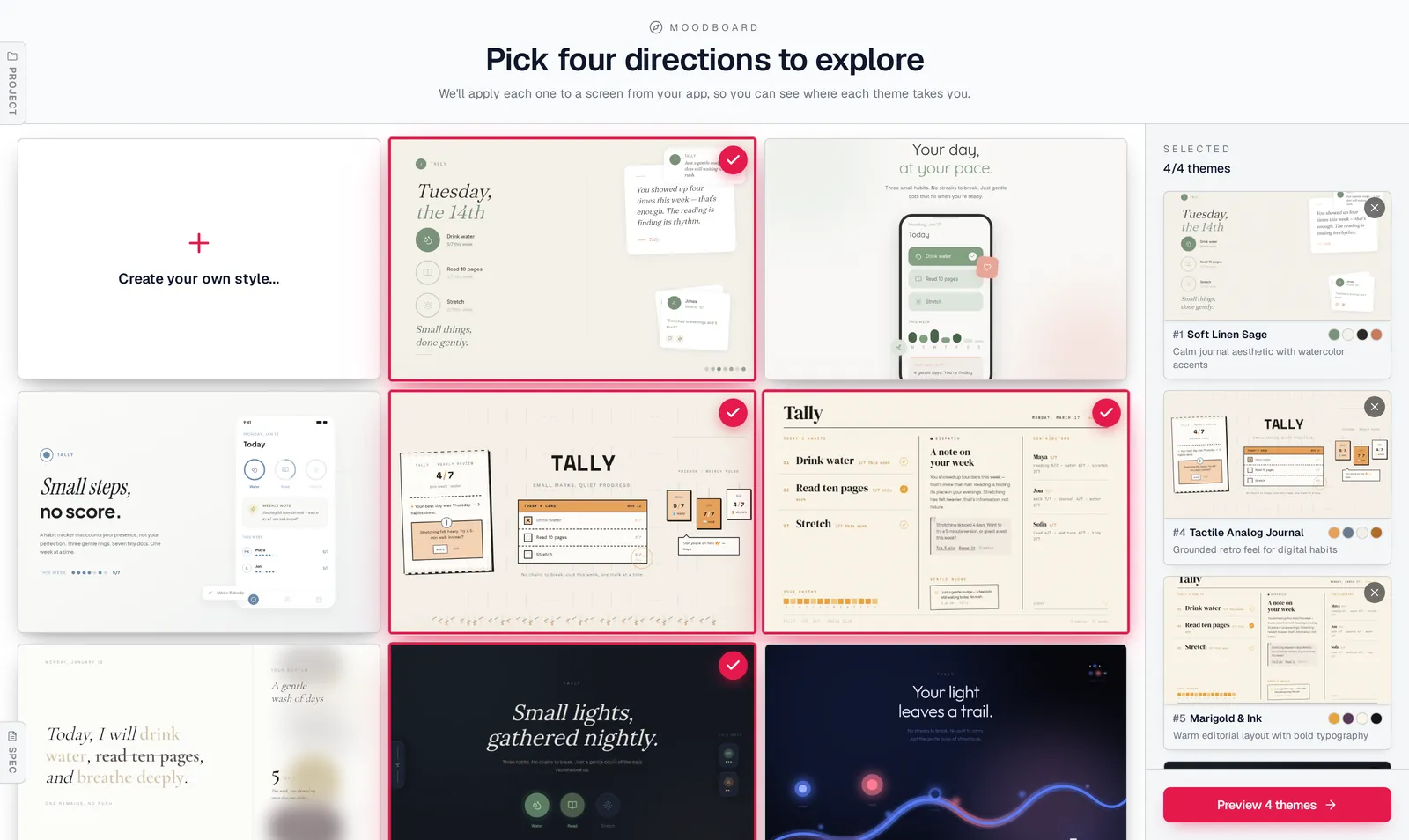 Mowgli moodboard titled Pick four directions to explore, showing habit tracker style directions with four selected in a side panel and a Preview 4 themes button