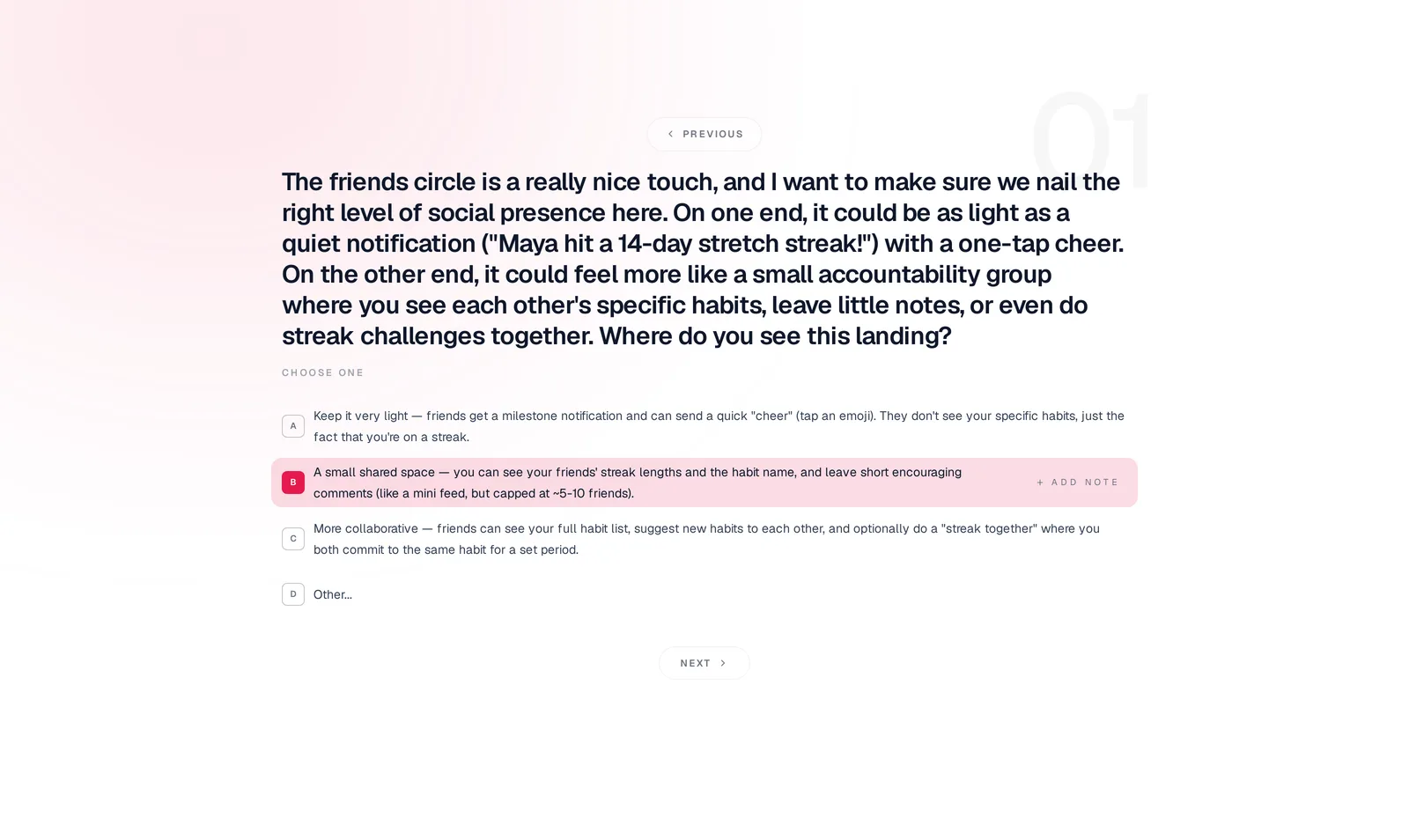 Mowgli questionnaire asking how social a habit tracker's friends circle should be, with four answer options and the second one selected