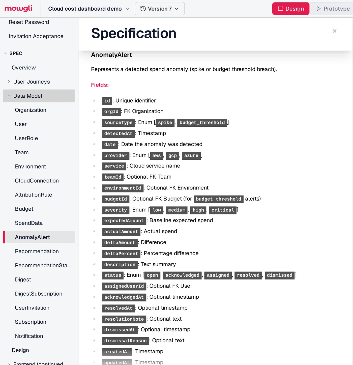 Mowgli spec panel showing the AnomalyAlert entity with severity and status enums