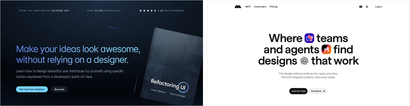 Refactoring UI homepage next to the Mobbin homepage showing 621,500 shipped screens