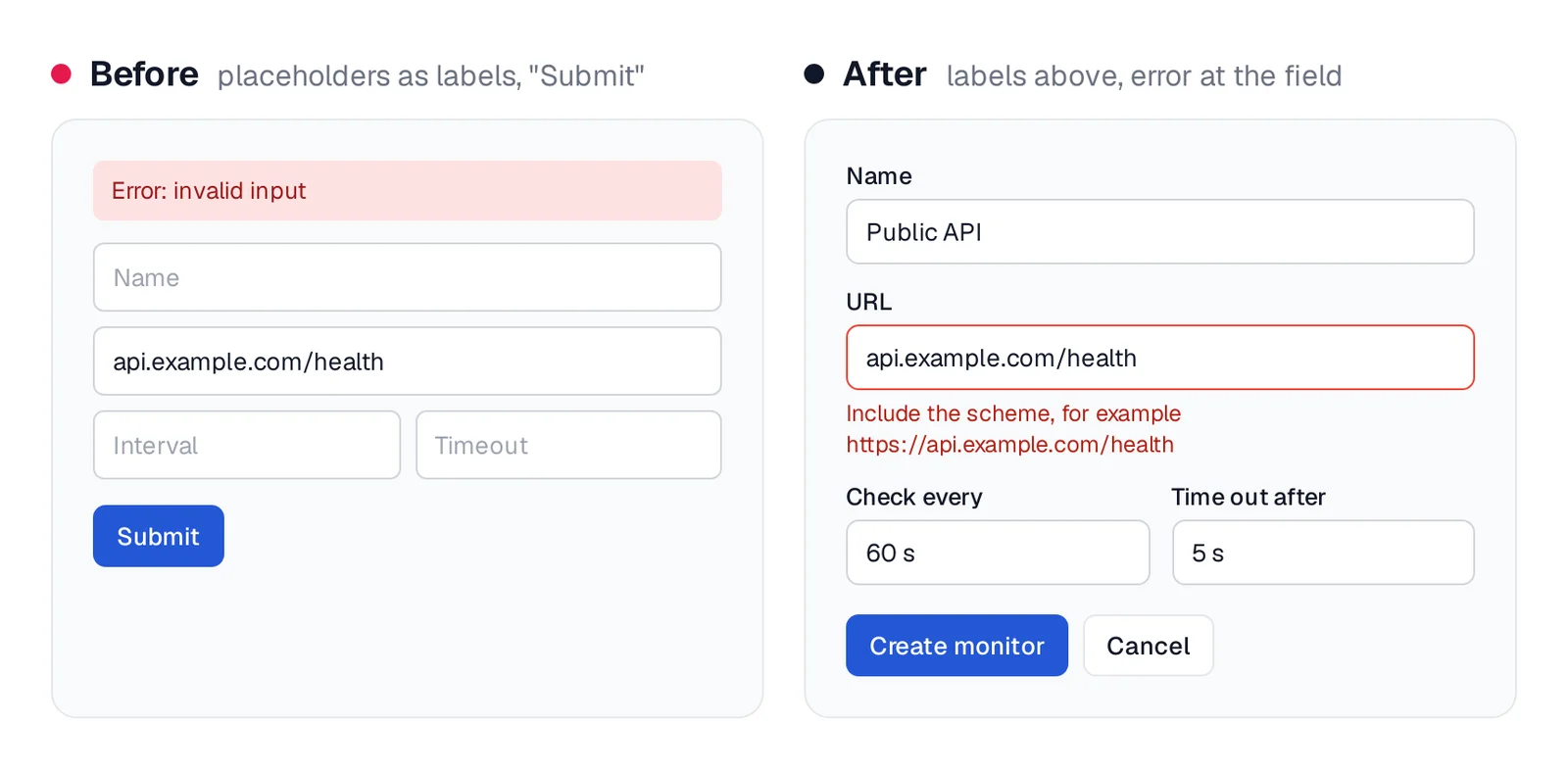 Form with placeholder labels and a generic error before, and labeled fields with an inline error after