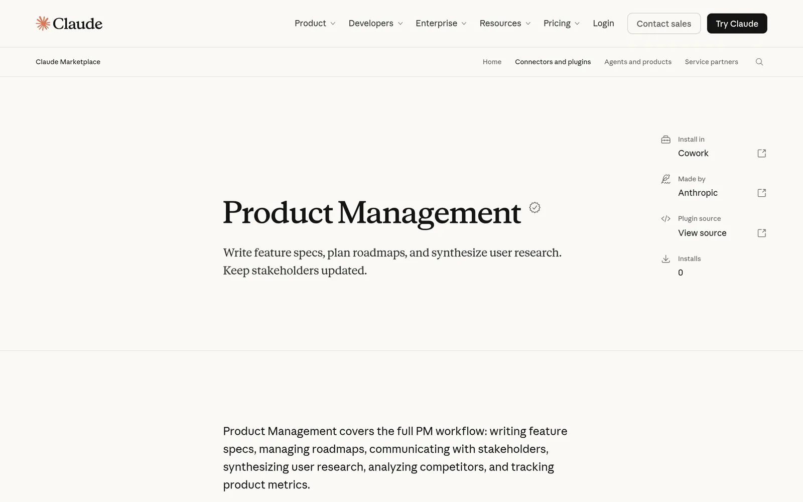 Product Management plugin page in the Claude directory with an Anthropic verified badge, the line Write feature specs, plan roadmaps, and synthesize user research, and an Install in Cowork option