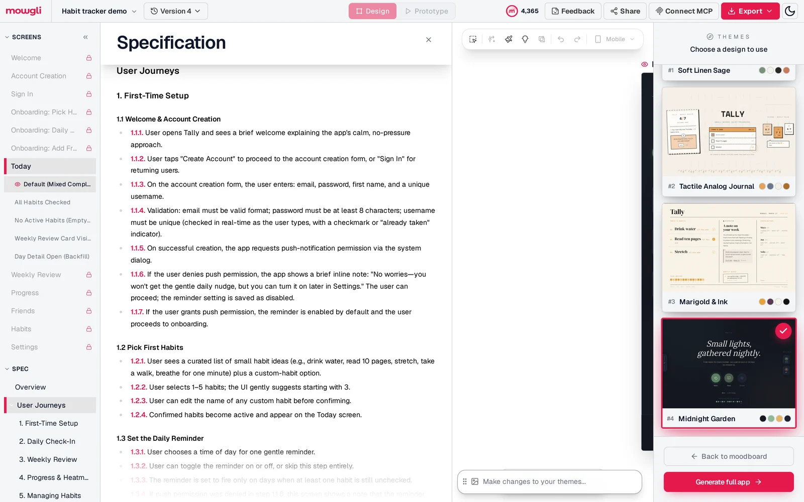 Mowgli Specification panel open on User Journeys for a habit tracker called Tally, with numbered first-time setup steps, a Screens sidebar listing Welcome, Account Creation, Sign In, onboarding screens and the Today screen's states, and a Themes panel on the right