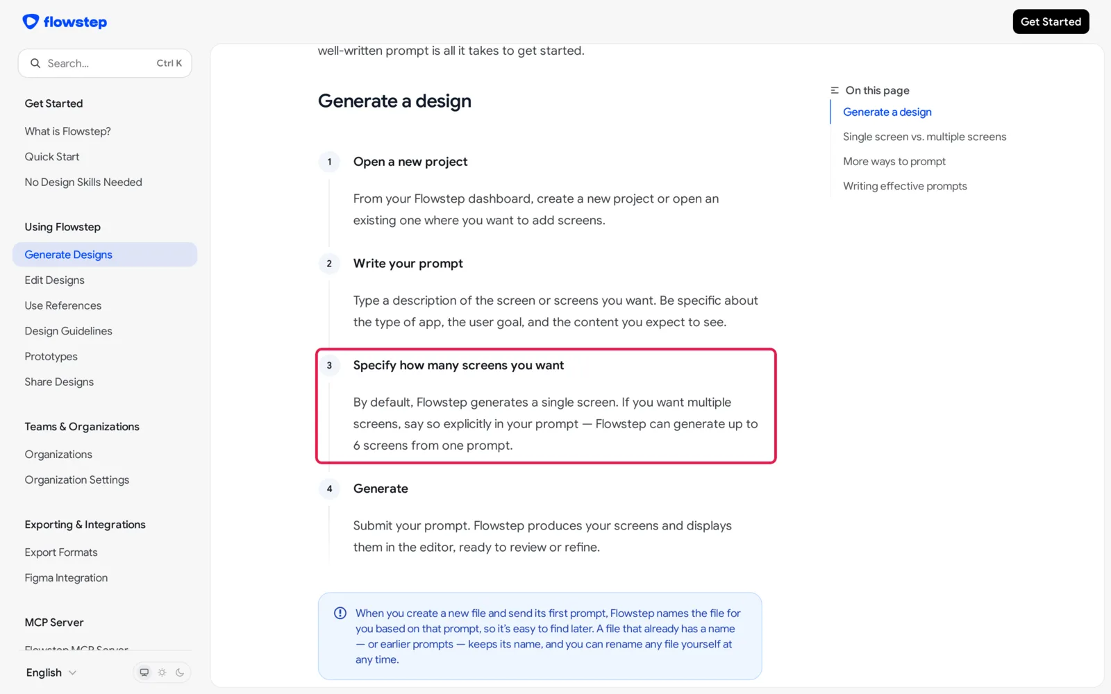 Flowstep docs with step 3 highlighted: Flowstep can generate up to 6 screens from one prompt if you ask explicitly
