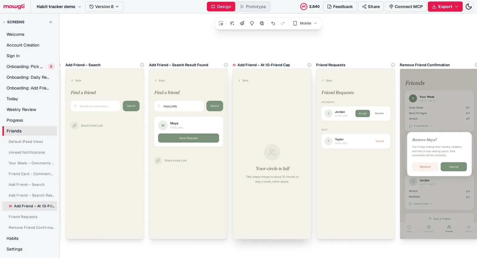 Five states of a habit tracker's Friends screen in Mowgli: search, search result, circle full at 10 friends, friend requests, and a remove friend confirmation