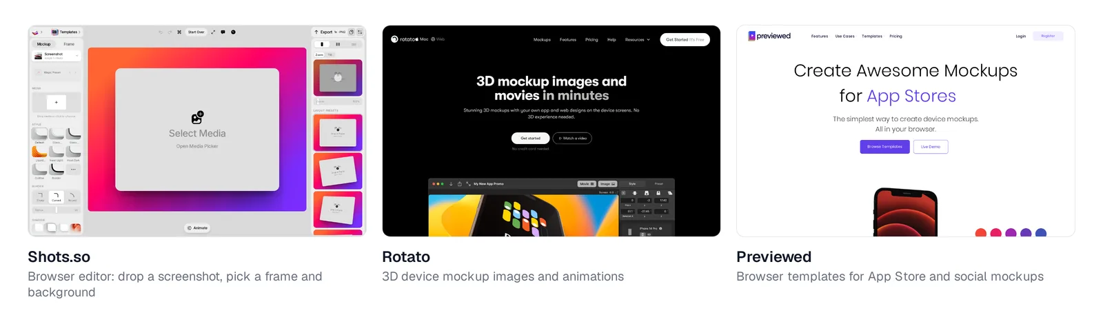 Three device-frame tools side by side: the Shots.so browser editor with frame styles, the Rotato home page showing a 3D phone mockup, and the Previewed home page for App Store mockups