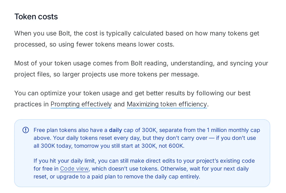 Bolt help center Tokens page: most token usage comes from reading, understanding and syncing project files, and a note that direct edits in Code view don't use tokens