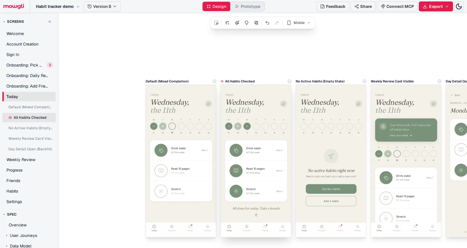 Mowgli canvas showing a habit tracker Today screen in four states side by side, including the empty state