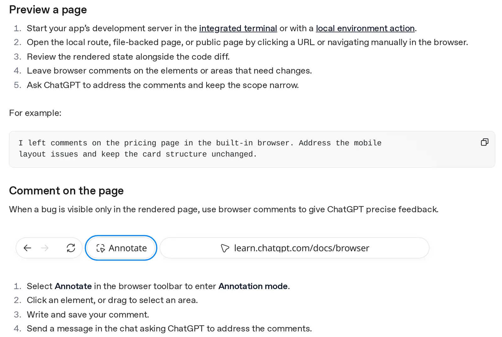 OpenAI docs showing the built-in browser Preview a page steps and the Annotate button for page comments