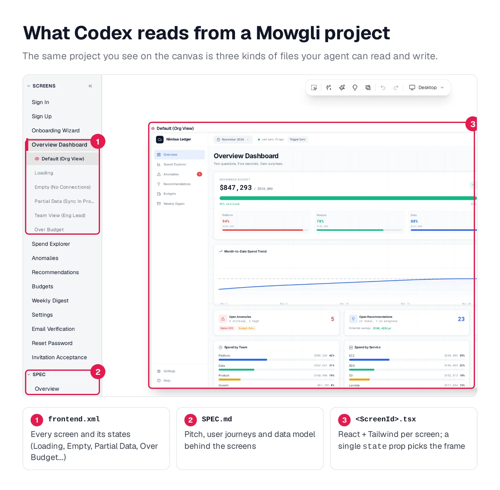 Annotated Mowgli canvas of a cloud cost dashboard: screen and state list, spec section and one rendered screen