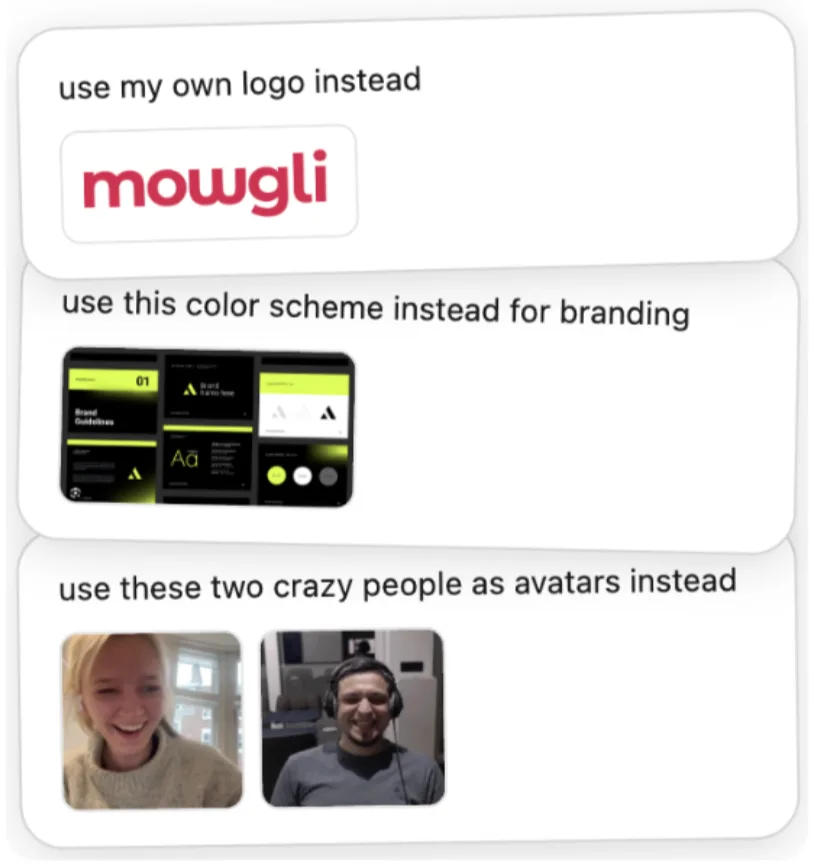 Mowgli chat messages with an attached logo, a color swatch and photos used as references