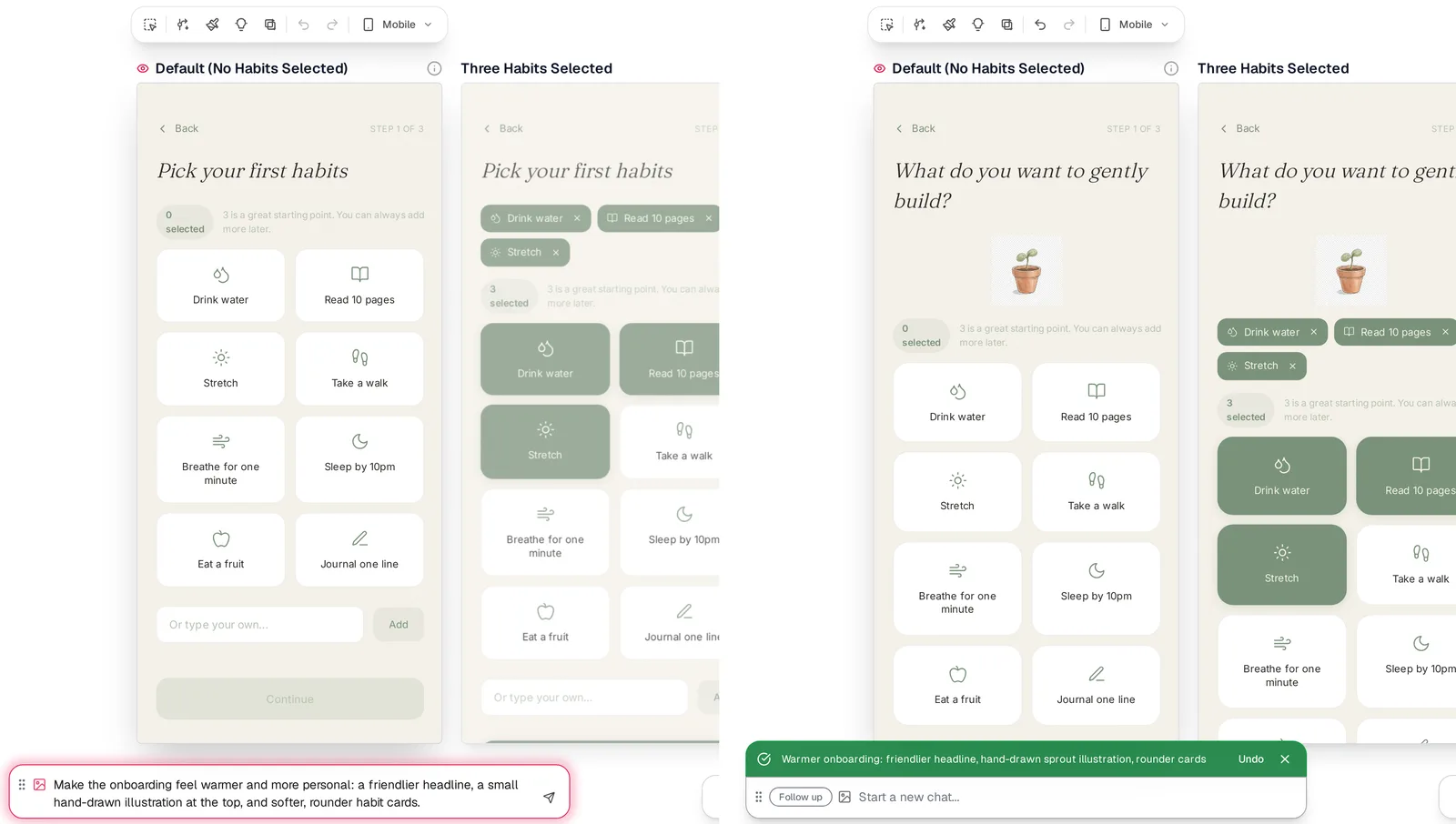 Habit tracker onboarding before and after a chat edit: new headline, sprout illustration, rounder cards