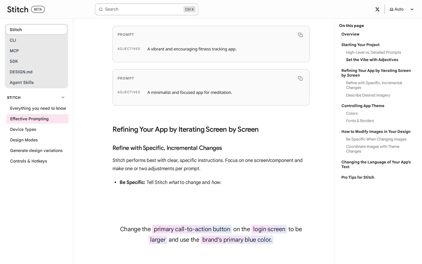 Google Stitch prompting docs with the example: make the primary call-to-action button on the login screen larger