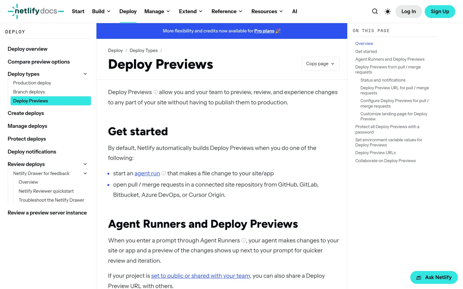 Netlify documentation page headed Deploy Previews, explaining that previews let you preview and share changes for feedback before they go live