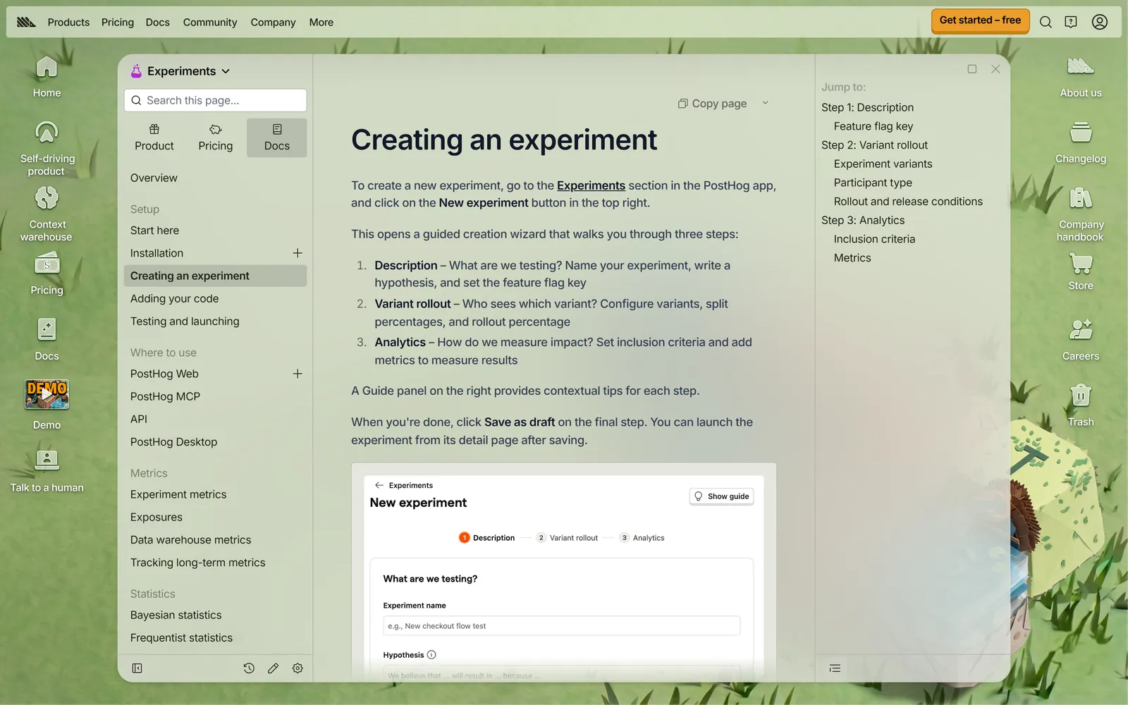 PostHog documentation page on creating an experiment, with the three-step wizard of description, variant rollout and analytics