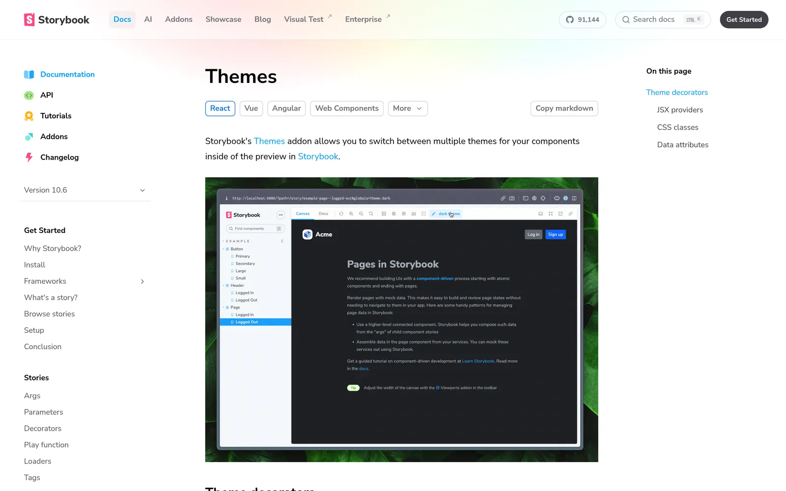 Storybook documentation page for the Themes addon, which switches between multiple themes for components inside the preview