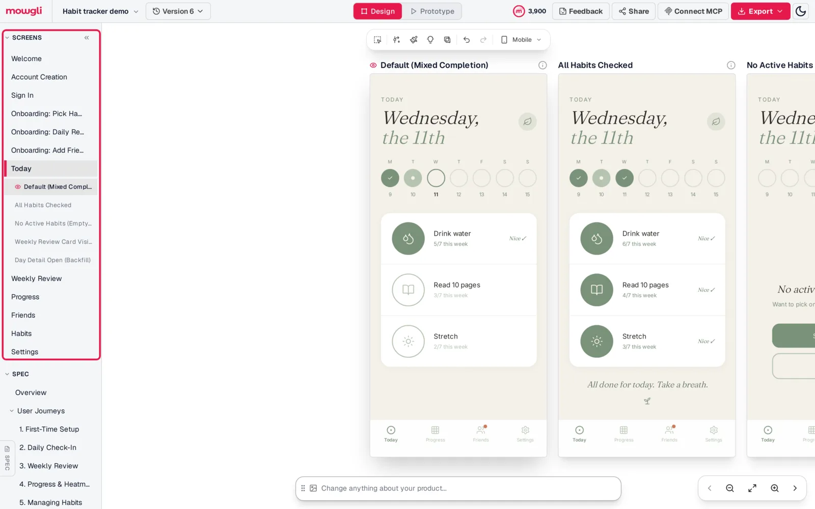 Mowgli editor with the screens sidebar boxed: Welcome, Account Creation, Sign In, three onboarding screens, Today with five states, Weekly Review, Progress, Friends, Habits and Settings; the canvas shows two states of the Today screen