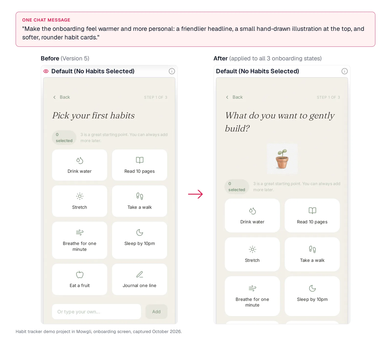 Before and after one chat request in Mowgli: the onboarding screen goes from the headline Pick your first habits with plain cards to What do you want to gently build, with a potted sprout illustration and rounder cards