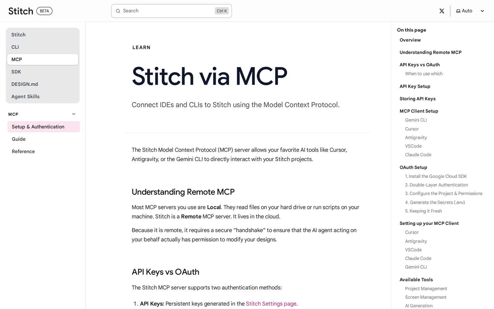 Stitch via MCP documentation page: connect IDEs and CLIs to Stitch using the Model Context Protocol, with setup sections for Gemini CLI, Cursor, Antigravity, VS Code and Claude Code