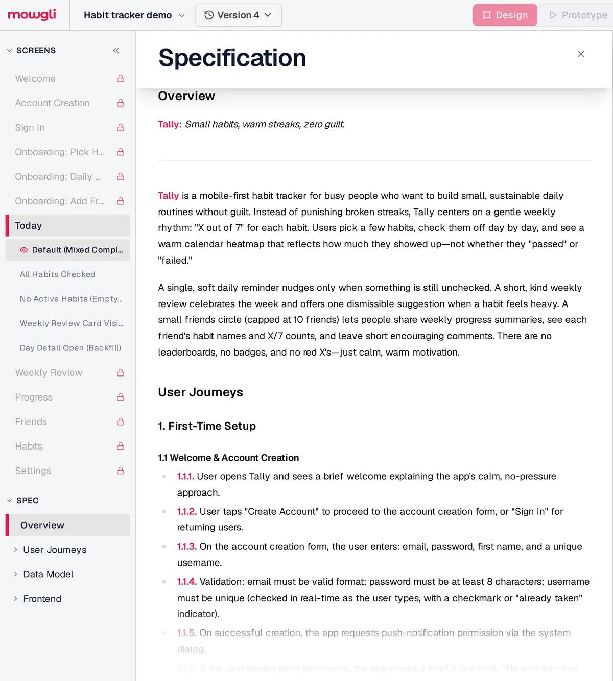 Mowgli Specification panel for a habit tracker named Tally: an overview paragraph followed by numbered user journey steps for first-time setup, welcome and account creation