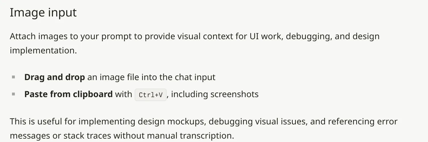 Cursor docs Image input section: drag and drop an image file into the chat input, or paste from clipboard with Ctrl+V