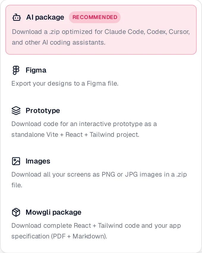 Mowgli Export menu: AI package for Claude Code, Codex and Cursor, Figma, Prototype, Images and Mowgli package