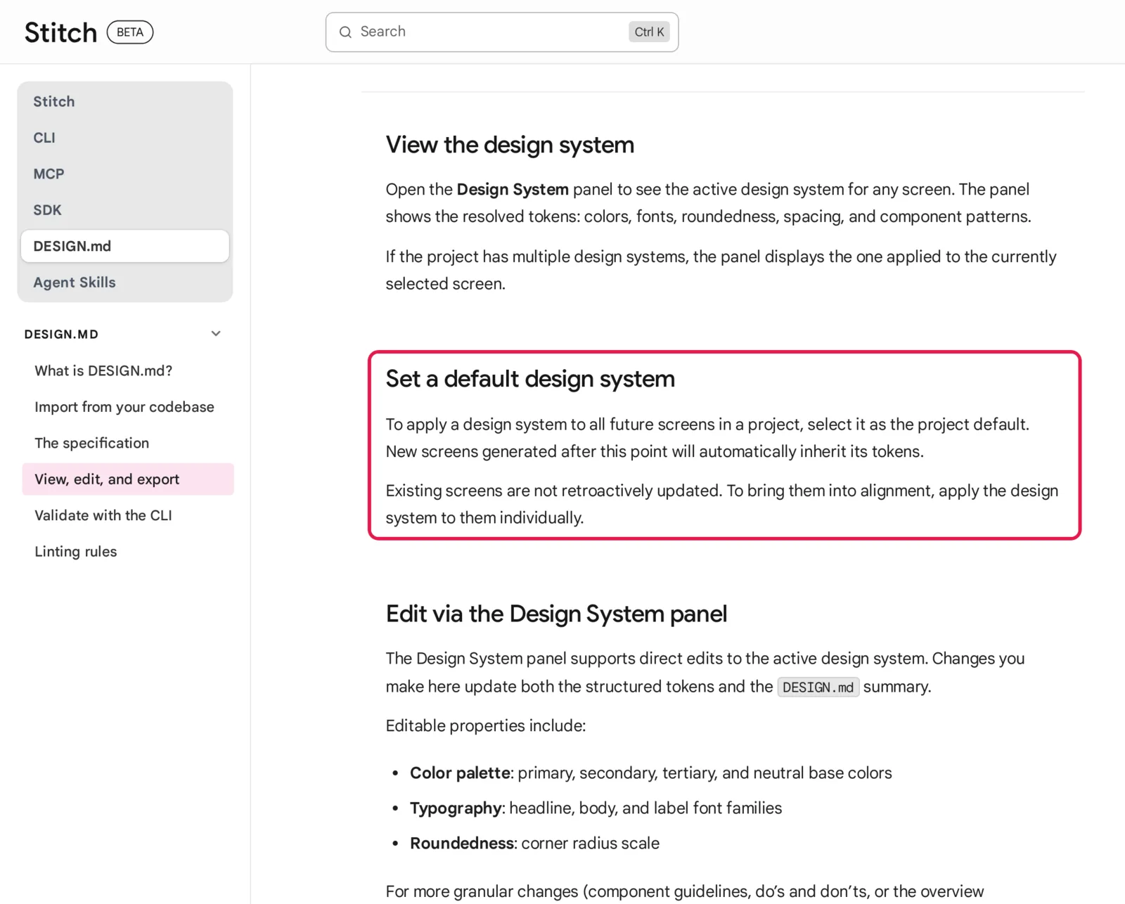 Stitch documentation page View, edit, and export, with the Set a default design system section highlighted: new screens inherit the default design system's tokens and existing screens are not retroactively updated
