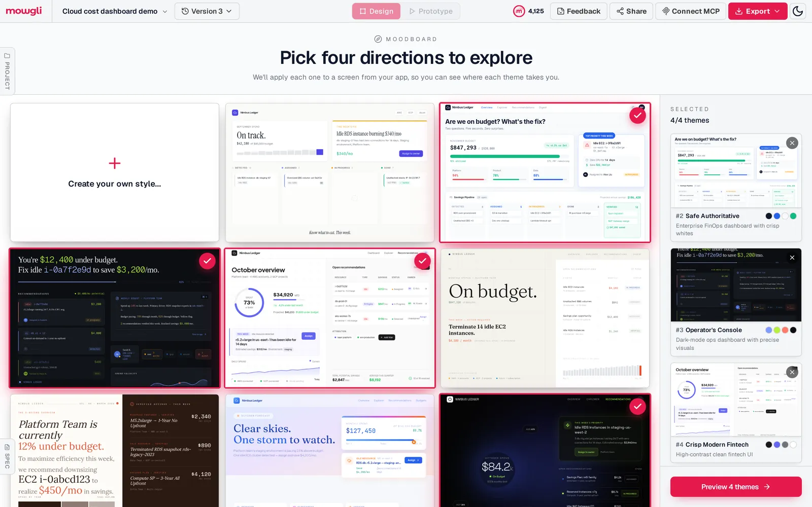Mowgli moodboard with light and dark dashboard directions for a cloud cost app, four selected