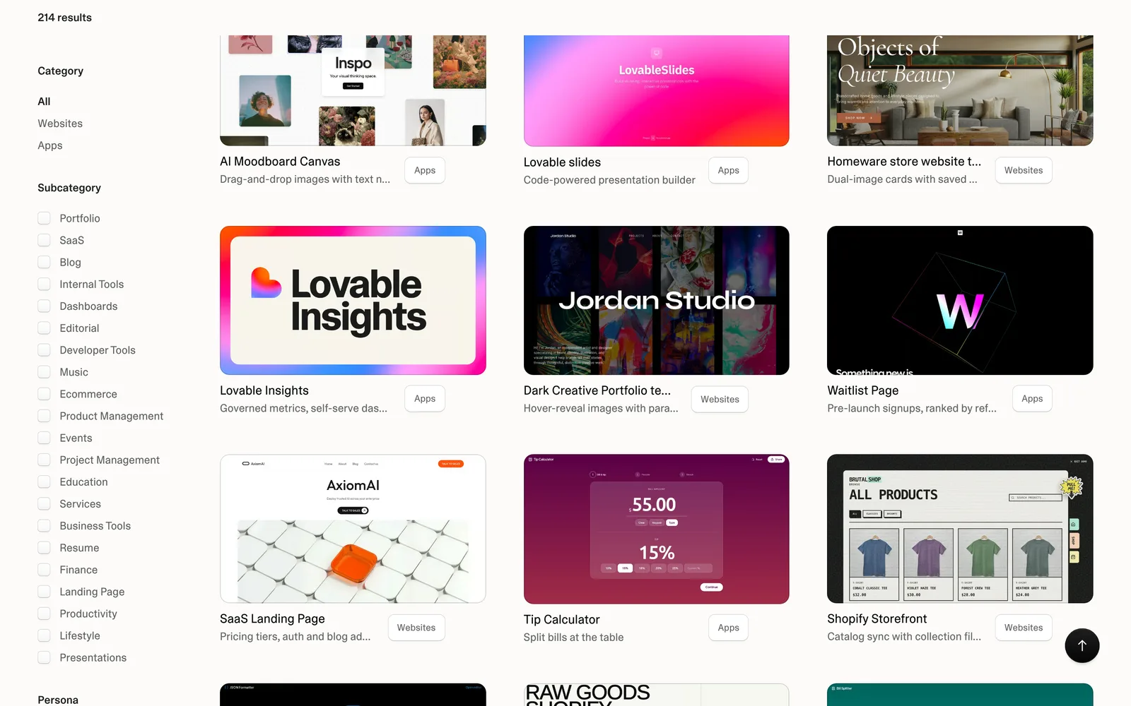 Lovable templates gallery with 214 results, filters for websites and apps, and template cards including an AI moodboard canvas, a homeware store, a dark creative portfolio, a SaaS landing page and a tip calculator