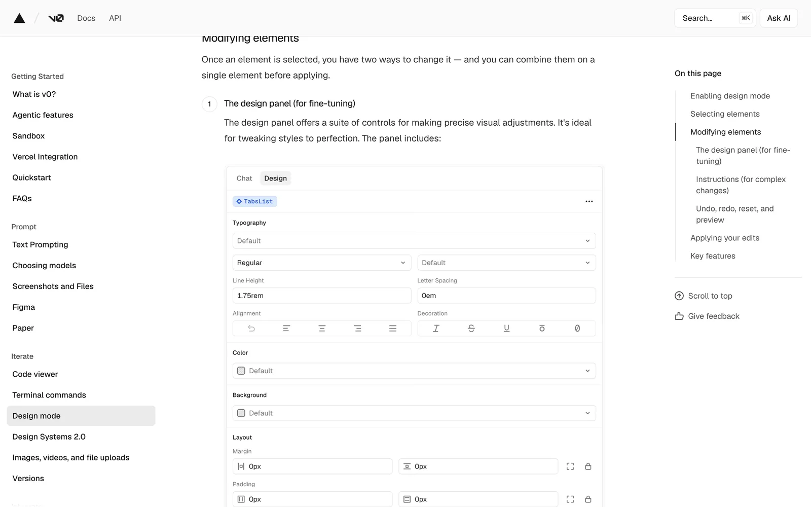 v0 Design mode documentation showing the design panel with Typography controls for font, weight, line height and letter spacing, plus Color, Background and Layout margin and padding fields