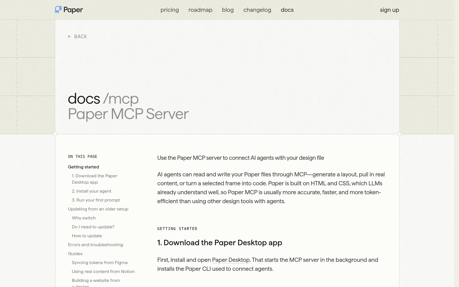 Paper docs page headed Paper MCP Server, with getting-started steps to download Paper Desktop and connect an agent