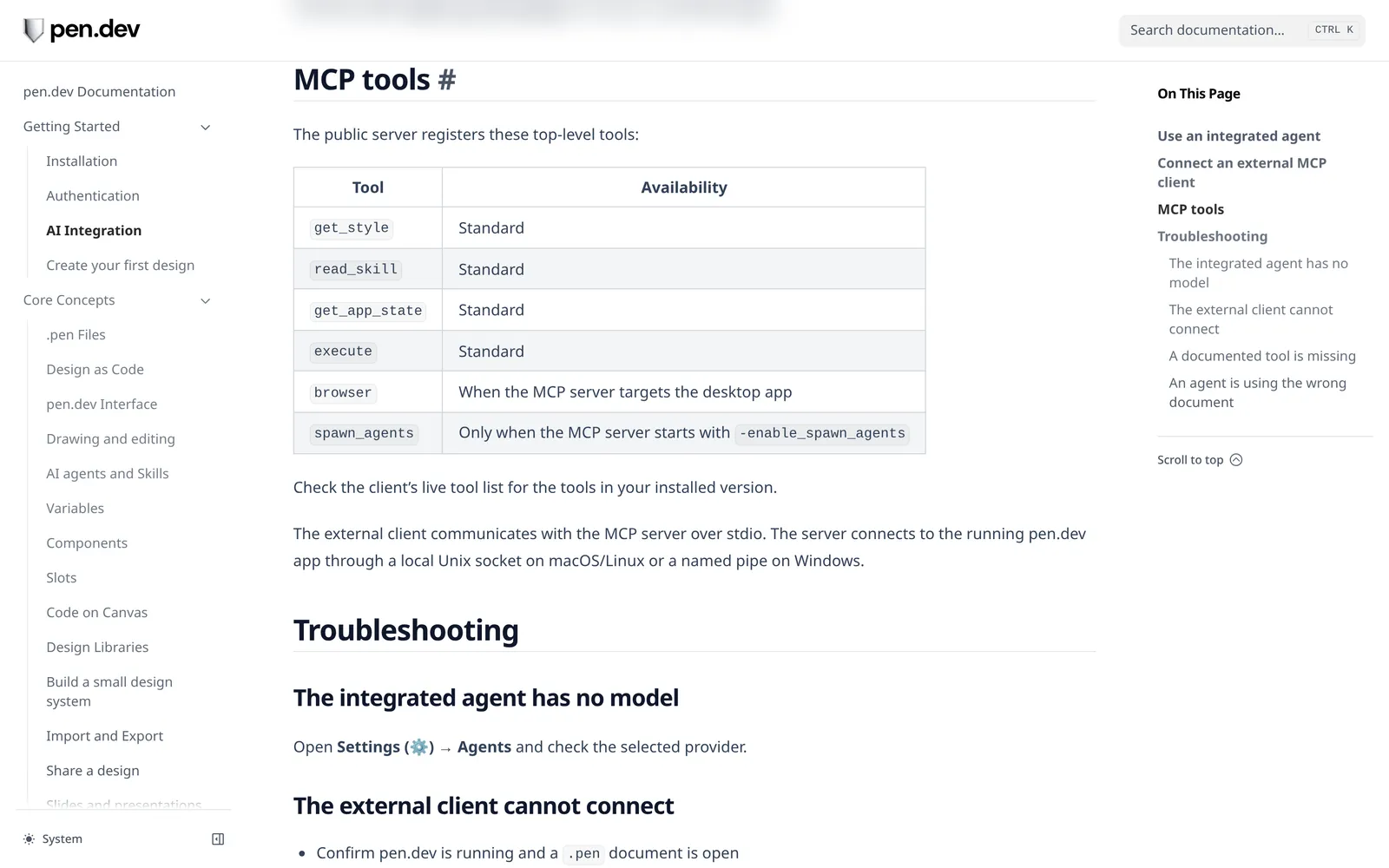 pen.dev documentation AI Integration page with the MCP tools table listing get_style, read_skill, get_app_state, execute, browser and spawn_agents