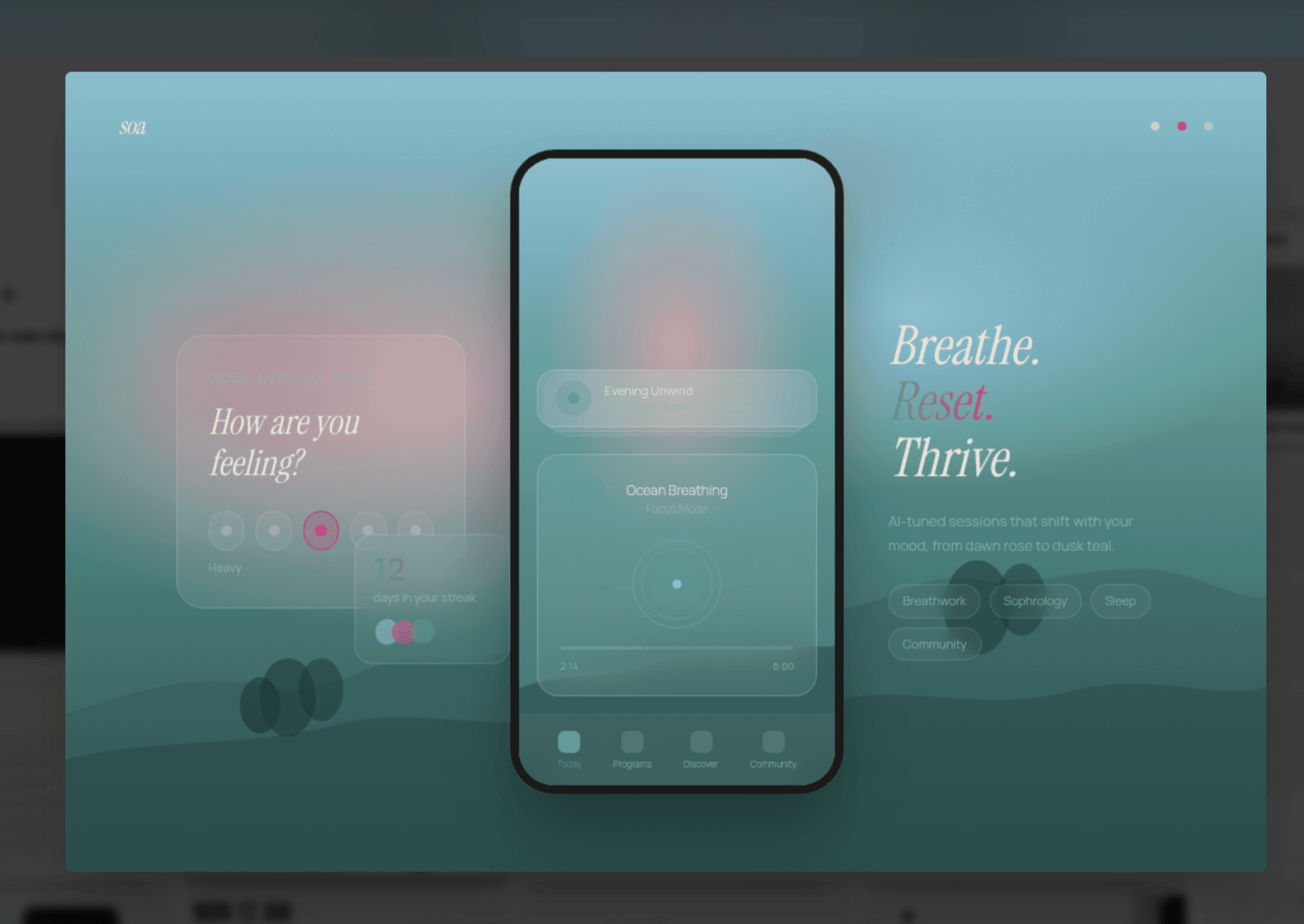 Mowgli moodboard direction — meditation app, teal glassmorphism, soft gradient atmosphere, "Breathe. Reset. Thrive."