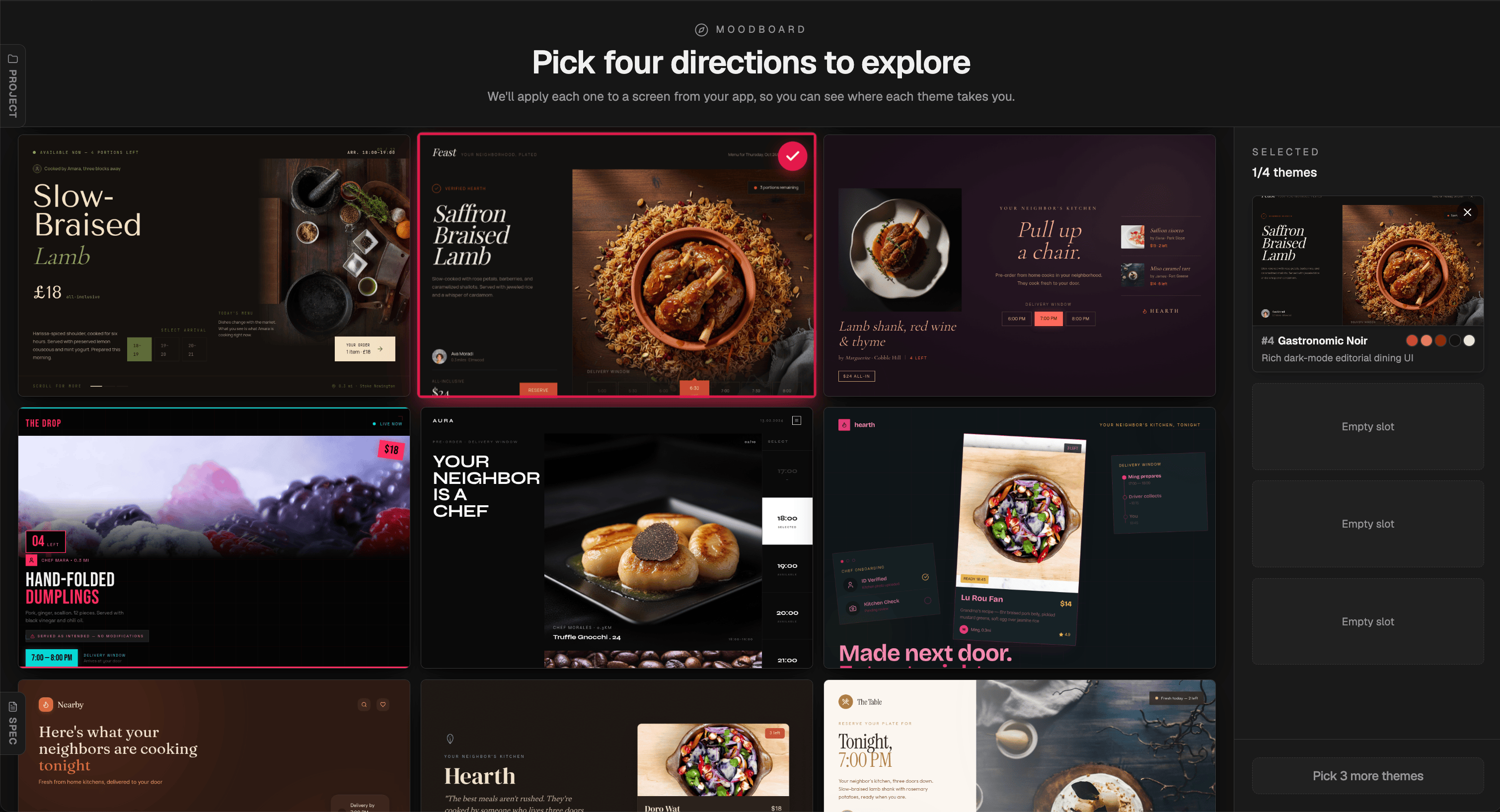 Mowgli moodboard grid — 16+ design directions for a food delivery marketplace, dark mode sultry theme