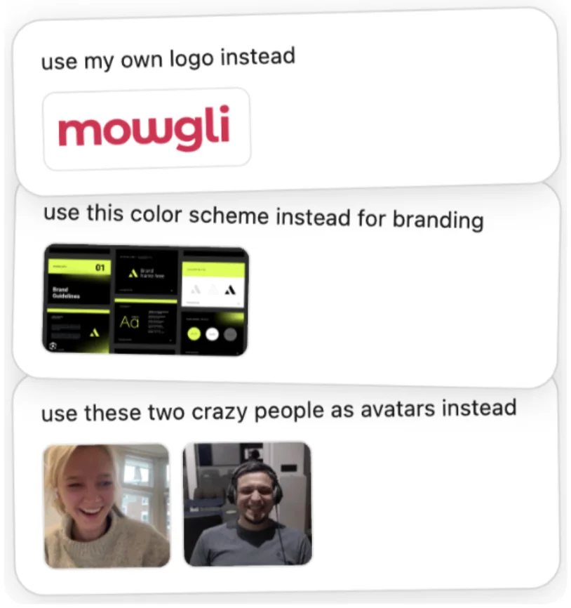 Three Mowgli chat messages with attached images: a logo to use instead, a brand guideline sheet for the color scheme, and two photos to use as avatars