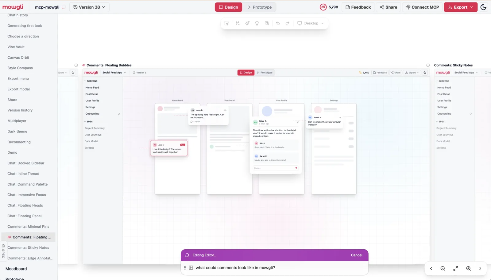 Mowgli canvas with Mowgli's own app imported from its codebase, showing several comment UI variants such as floating bubbles and sticky notes side by side