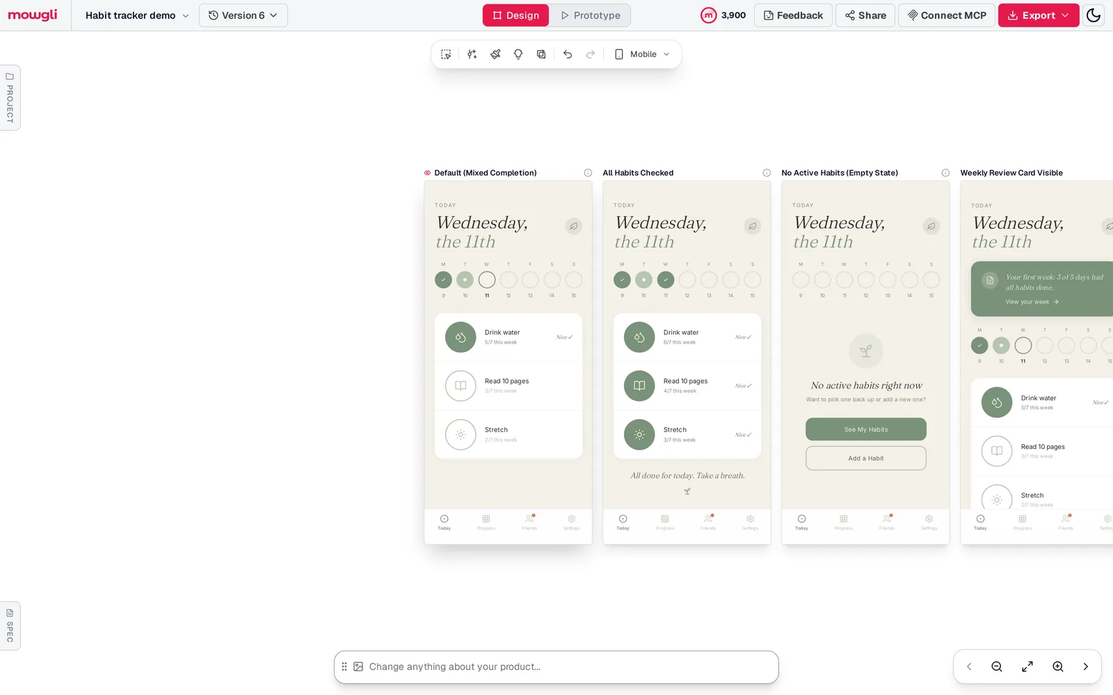 Mowgli canvas showing a habit tracker Today screen in four states side by side: mixed completion, all habits checked, empty state with no active habits, and weekly review card visible