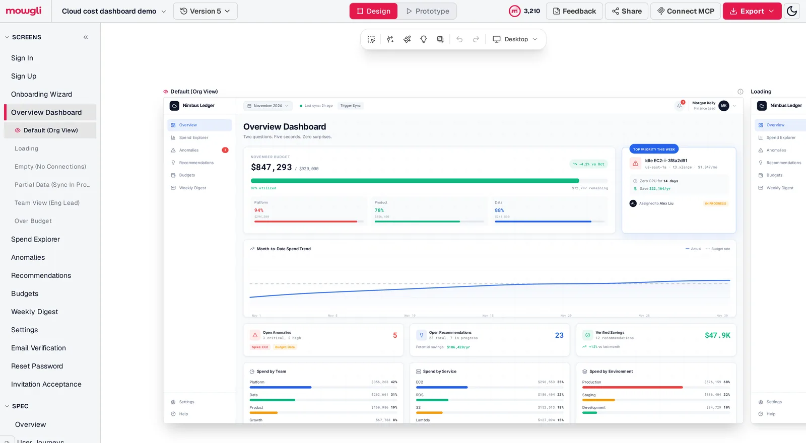 Mowgli editor listing every screen and the dashboard's states in the sidebar