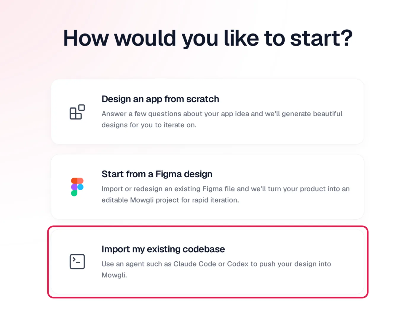 Mowgli new project screen with Import my existing codebase highlighted
