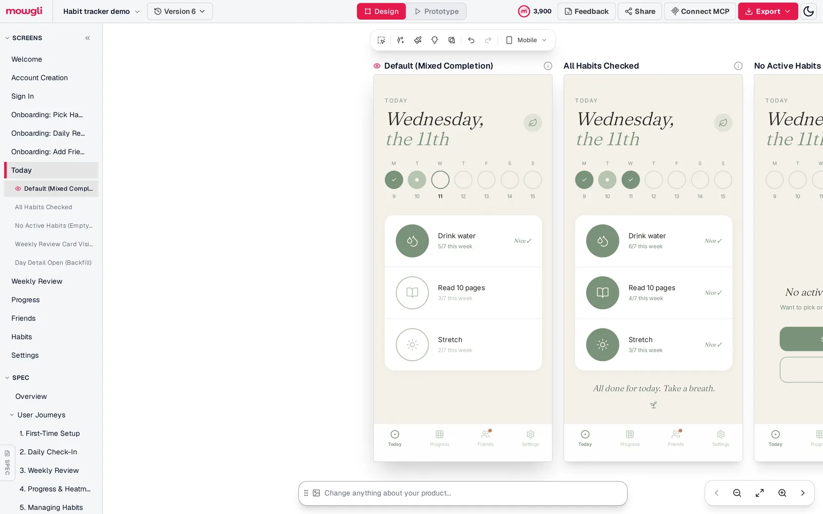 Mowgli editor for a habit tracker app: a sidebar lists every generated screen (Welcome, Sign In, Onboarding, Today with five states, Weekly Review, Progress, Friends, Habits, Settings) above the spec's user journeys, and the canvas shows the Today screen in several states side by side